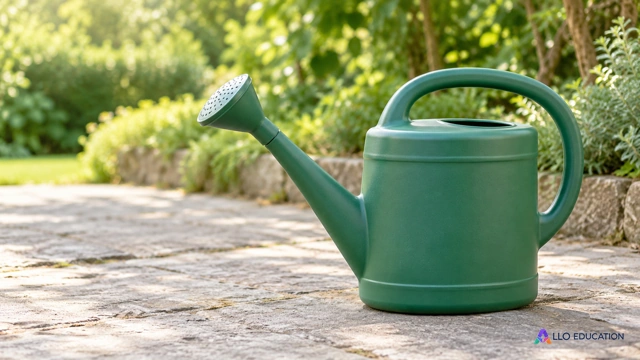 Un arrosoir vert entier sur un sol de jardin, avec végétation au fond.