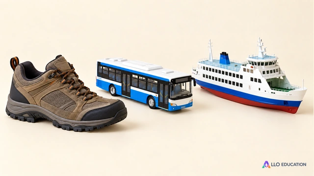 Une chaussure de marche, un petit bus jouet réaliste et un petit bateau ferry sans inscription réunis sur une surface claire.