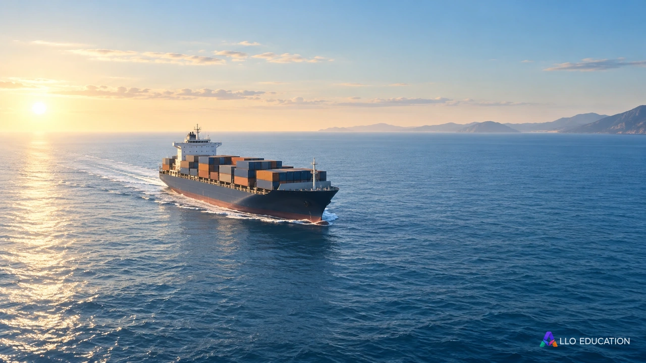 Navire cargo dans une mer calme avec une côte lointaine, sans inscription.