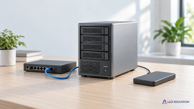 Un petit serveur entier, un câble réseau, un commutateur et un disque externe unis sur une table claire.