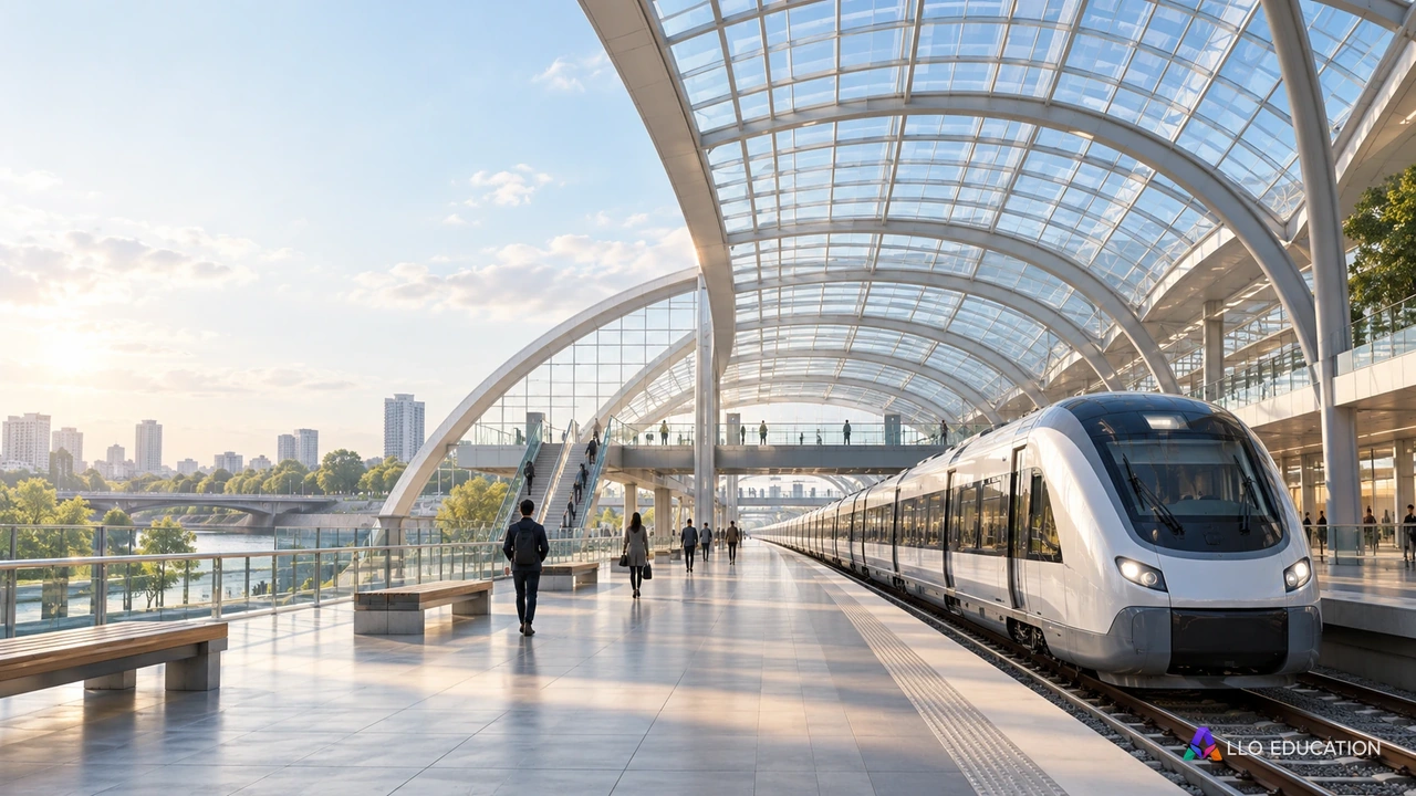 Gare contemporaine inventée, verrière, quai et train sans marquage.