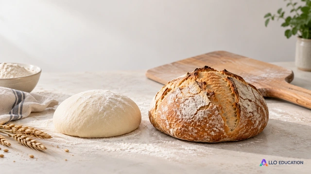 Un pain et un pâton entiers sont côte à côte sur un plan de travail clair ; aucune provenance réelle n’est indiquée.