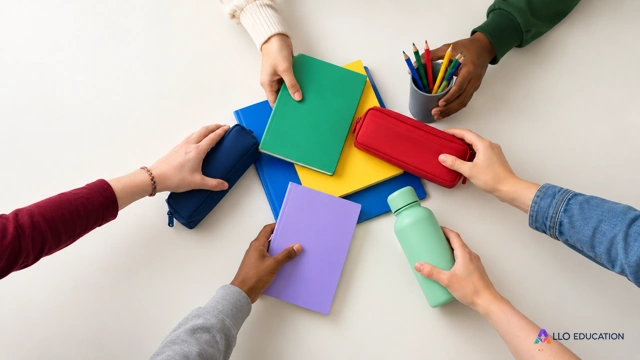 Des mains différentes mettent en commun du matériel scolaire uni sur une table claire.