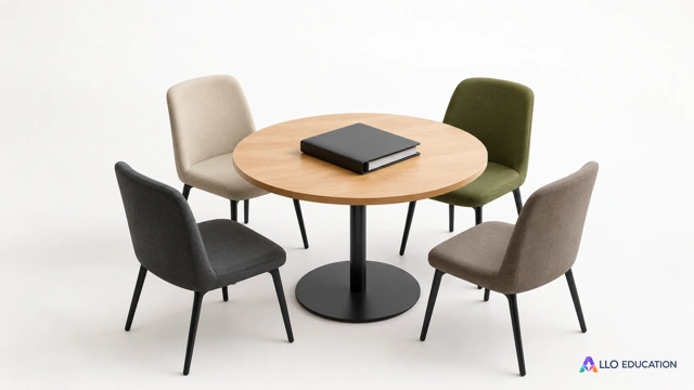 Une petite table ronde entourée de sièges de couleurs sobres avec un dossier fermé au centre, mobilier entier isolé sur fond clair, sans emblème ni inscription.