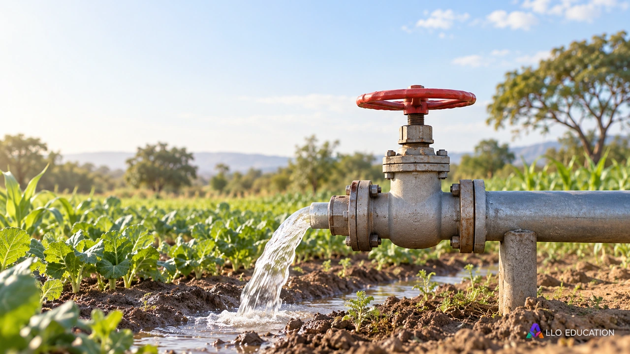 Vanne et tuyau d’irrigation au bord d’une parcelle, illustration éditoriale sans lieu réel.