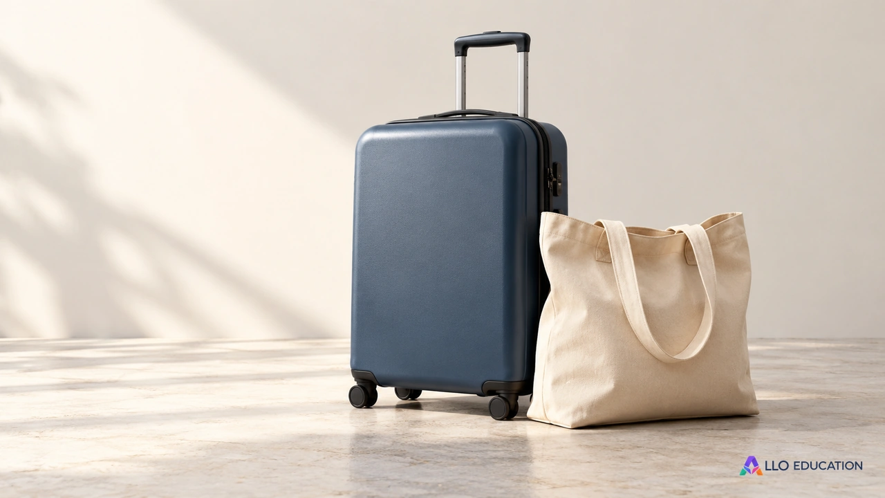 Valise sobre et sac de toile uni sur un sol clair.