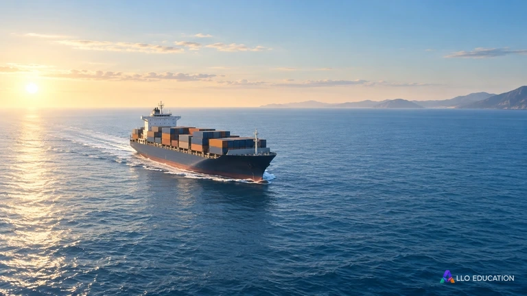 Navire cargo dans une mer calme avec une côte lointaine, sans inscription.