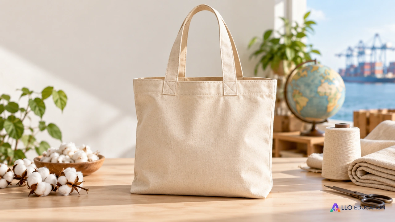 Sac en toile uni, coutures et anses plausibles, sans provenance réelle annoncée.