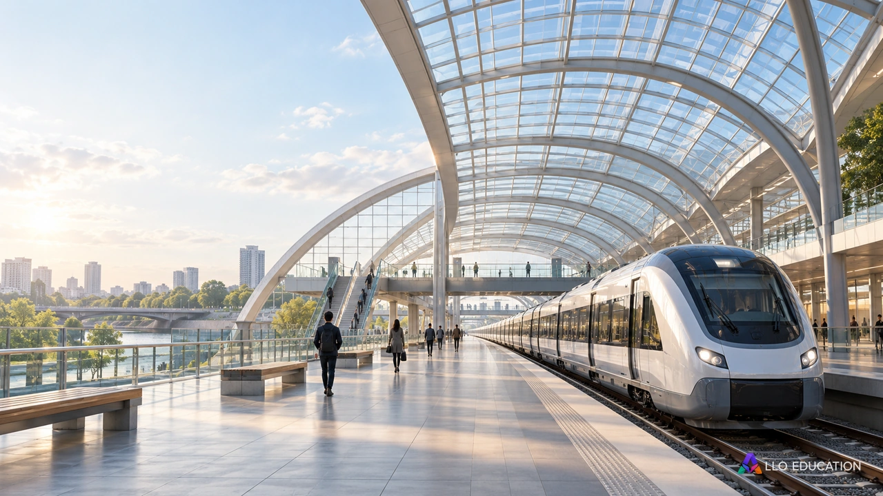 Gare contemporaine inventée, verrière, quai et train sans marquage.