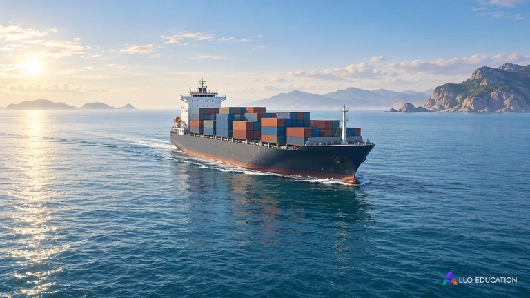 Cargo en mer avec une côte lointaine, sans inscription.