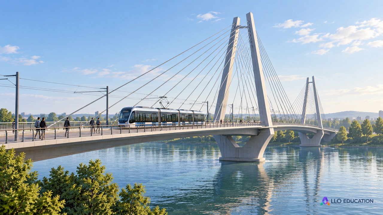Pont générique avec tram neutre et passage piéton séparé, sans ville réelle.