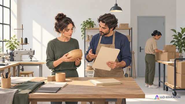 Couverture muette peinte : vue d’un atelier sobre où une conceptrice fictive en vêtement uni compare un objet en bois et une chemise de dossier fermée vierge avec un artisan.