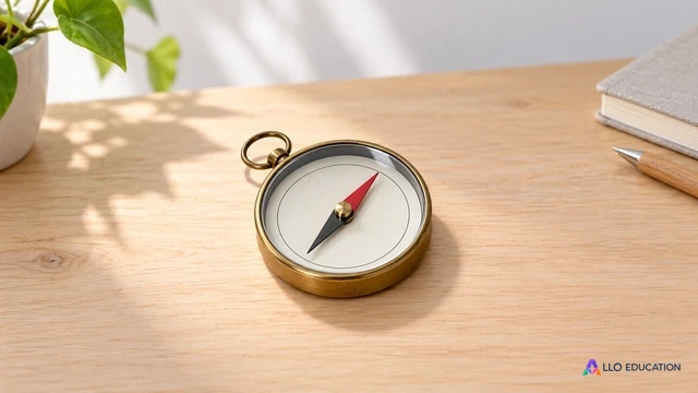 Une boussole sans inscription, avec son aiguille visible, repose sur une table claire.