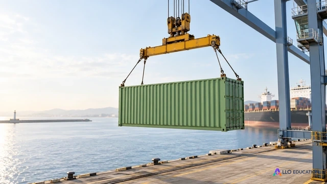 Une grue portuaire transfère un conteneur au-dessus d’un quai clair.