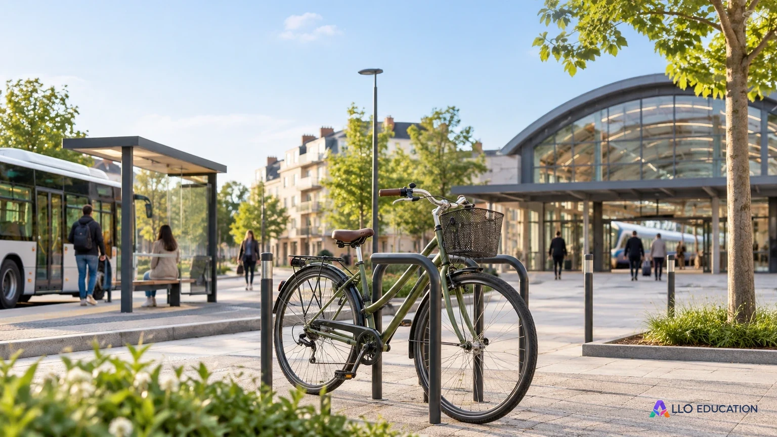 Un vélo près d’un lieu de transport évoque les connexions entre mobilités locales.