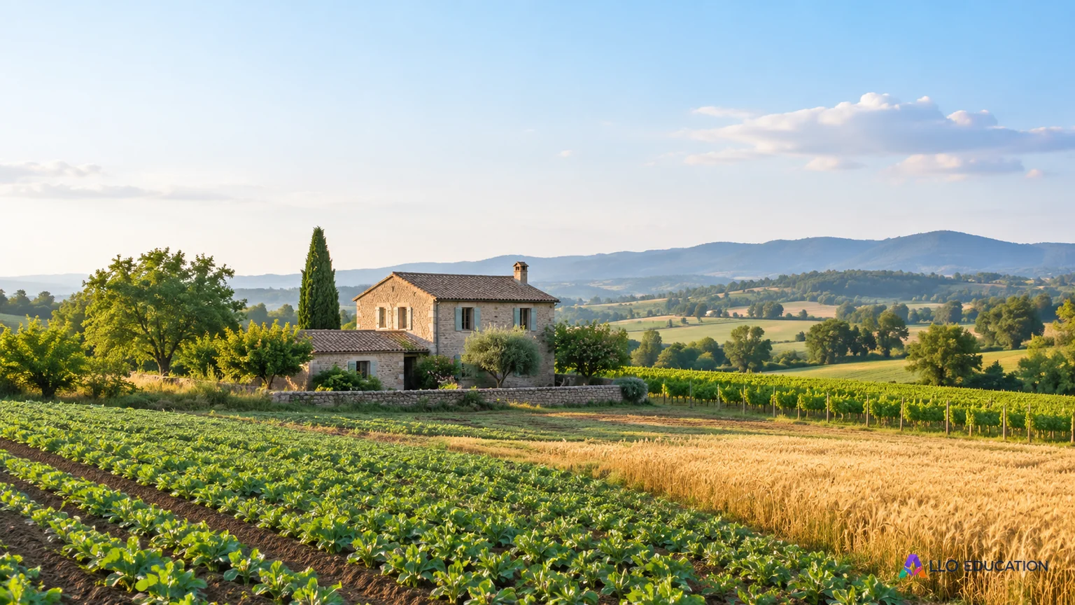 Un paysage de campagne évoque des fonctions agricoles et résidentielles.