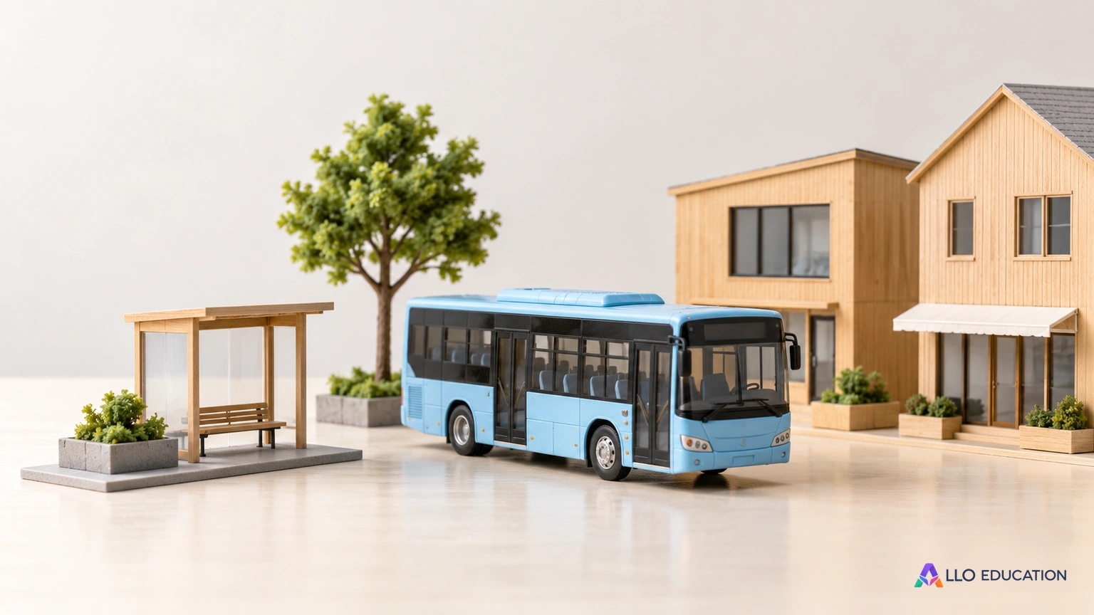 Petit bus bleu pâle, bâtiments de bois et arbre sur une table claire.
